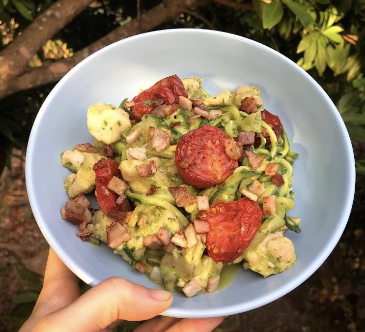 Zoodles with Avo Pesto & Slow Cooked Chicken & Tomatoes
